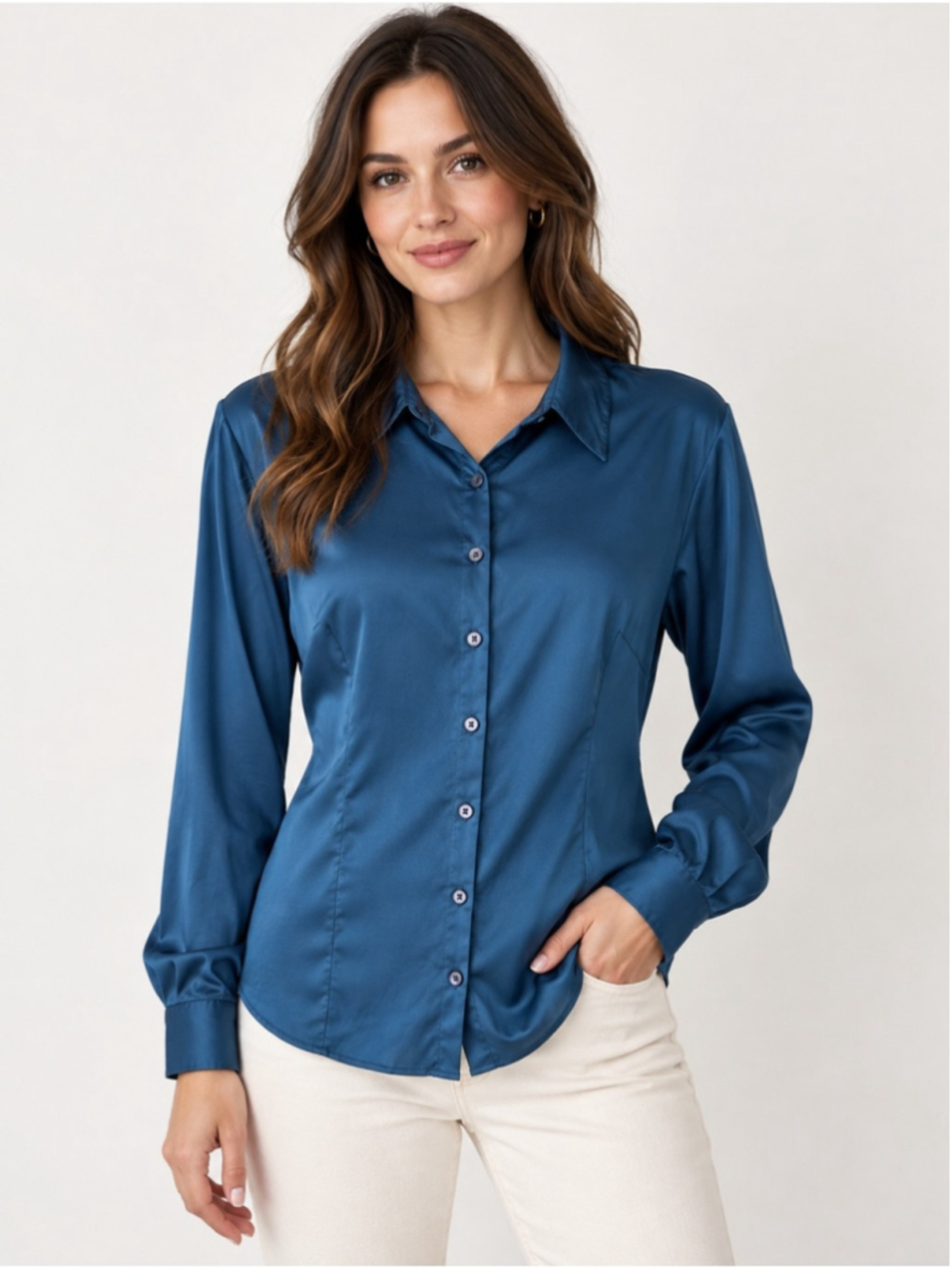 TU Teal Satin Button-Front Shirt Size 20 UK Holiday Dressy Evening Office